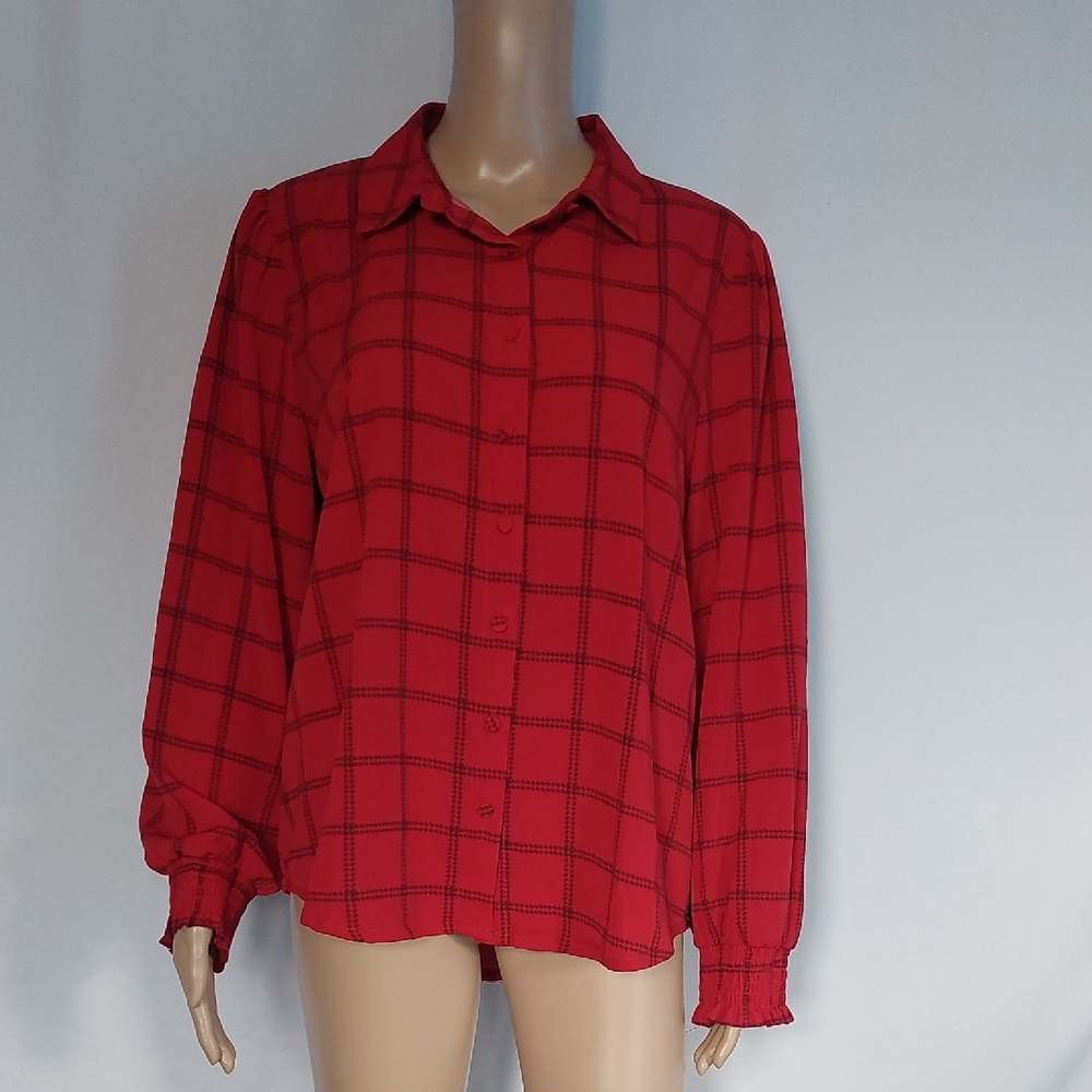 Como Black Red Plaid Women's Blouse‎  Top Size L